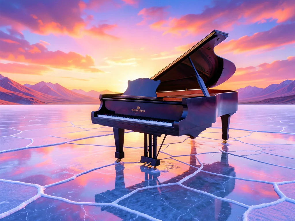 Grand piano on salt flat, keys reflected in thin water layer, sunset