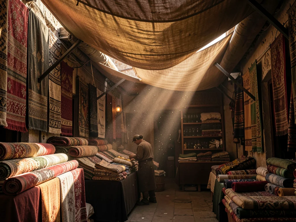 Textile merchant stall with rolled fabrics, gap in awning creating diagonal ligh
