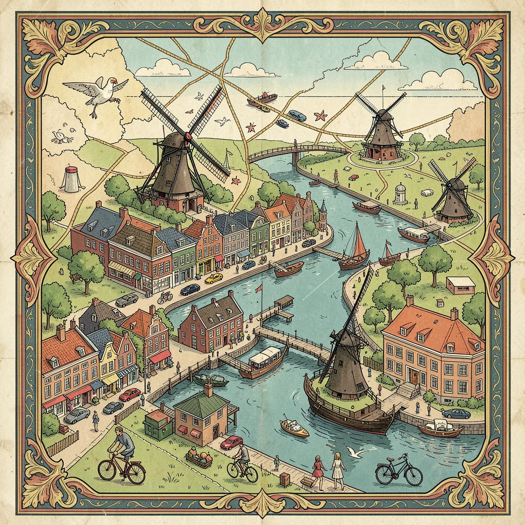 Illustrated map illustration, Amsterdam with canals, bikes, and windmills , pict