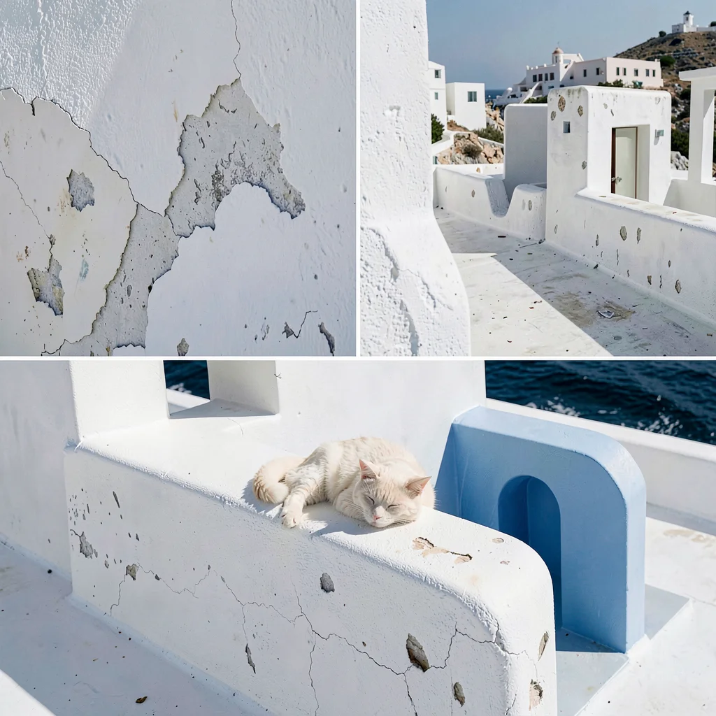 Cycladic whitewash study, Greek island lime, A cat sleeping on a whitewashed led