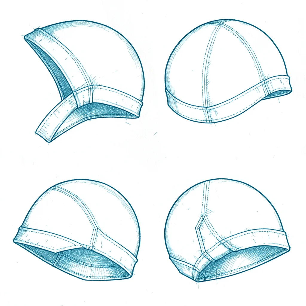 Detail study of a swim-cap seam in crisp ivory ink on cool cyan, multiple angle 