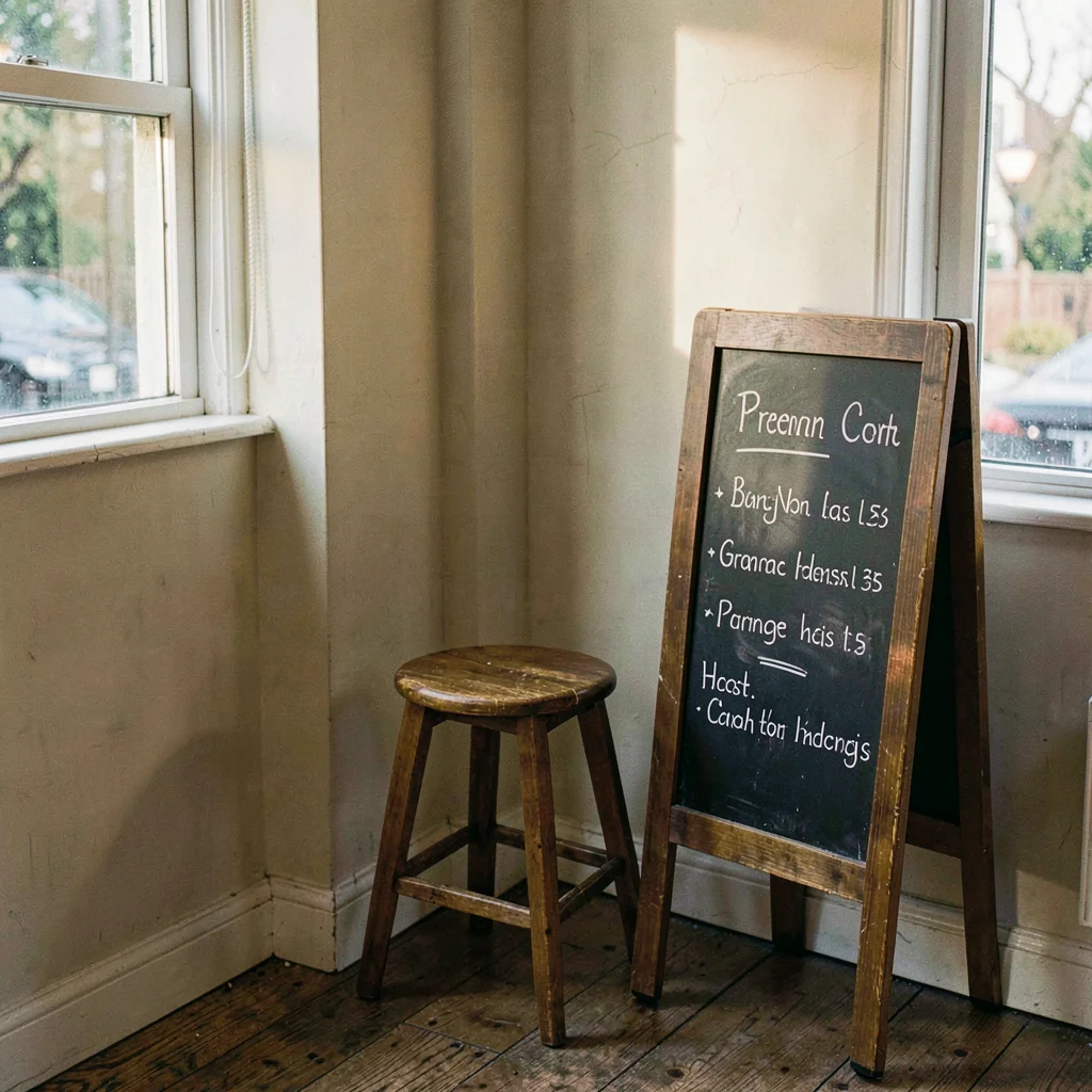 Atmospheric corner pickup with a single stool and a chalkboard menu
