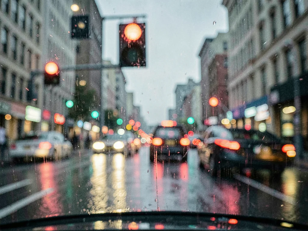Traffic lights blurred in rain