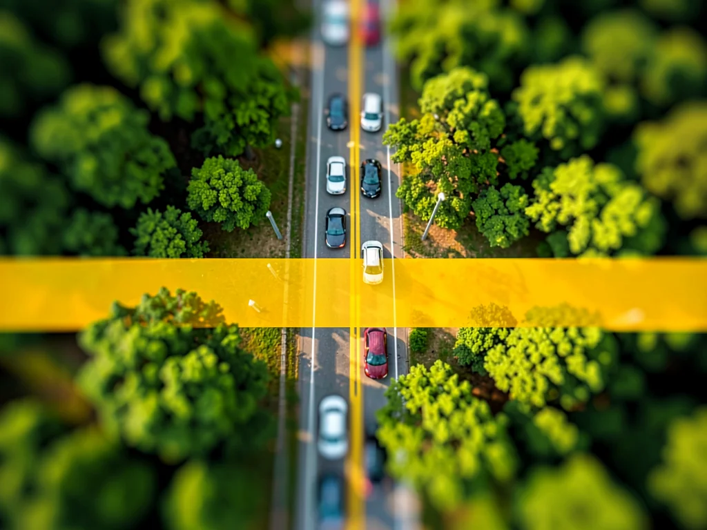 Cloverleaf tilt-shift photograph from helicopter altitude, saturated honey-yello