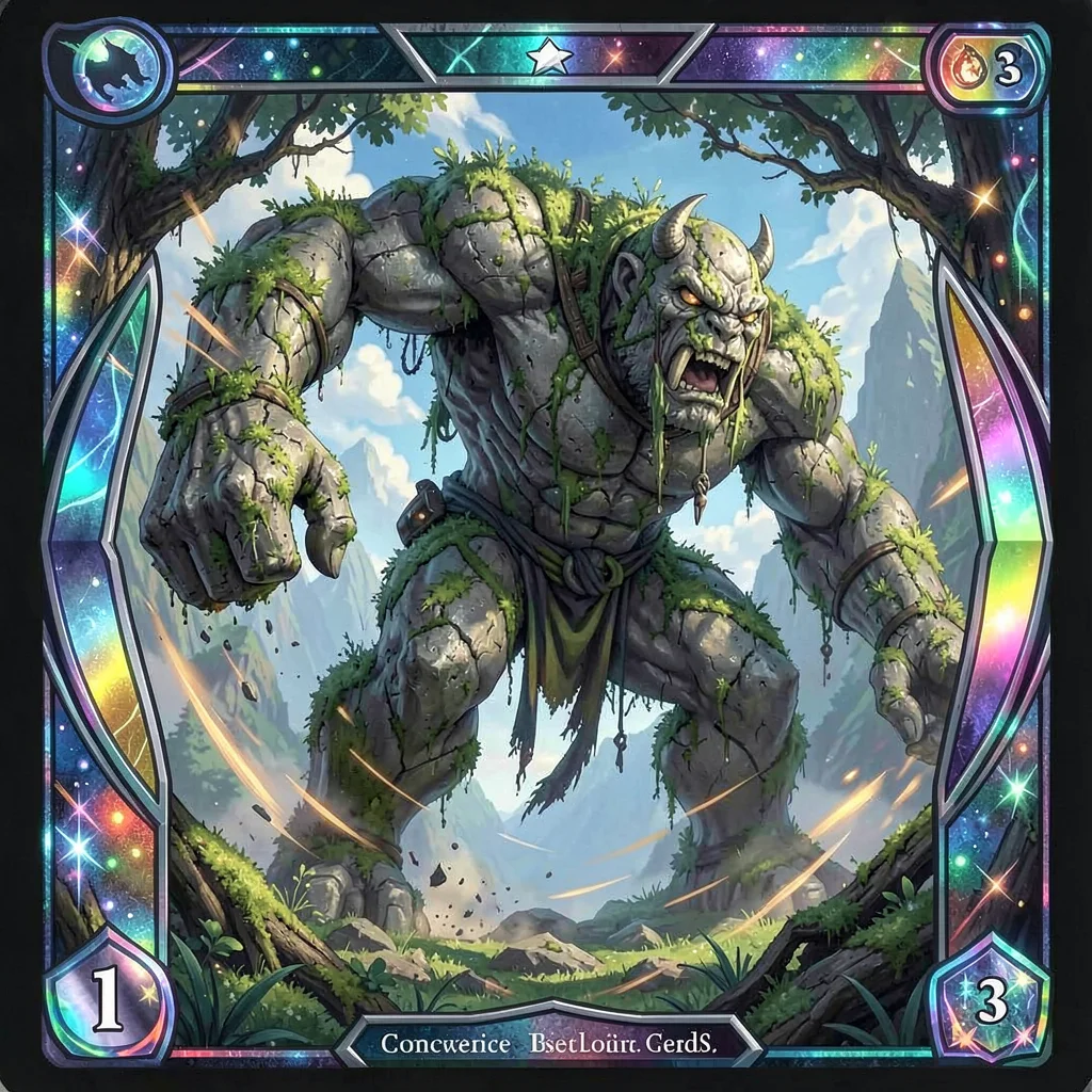 Trading card game illustration, a stone giant awakening from a mountainside, mos