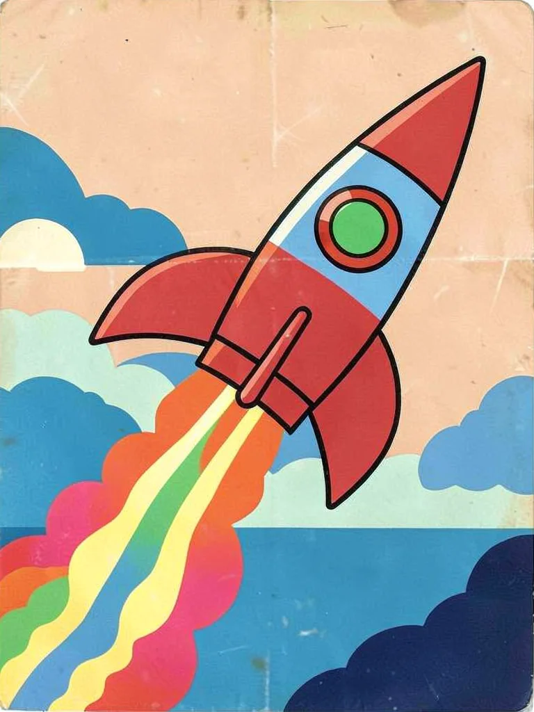 Retro rocket with colorful smoke