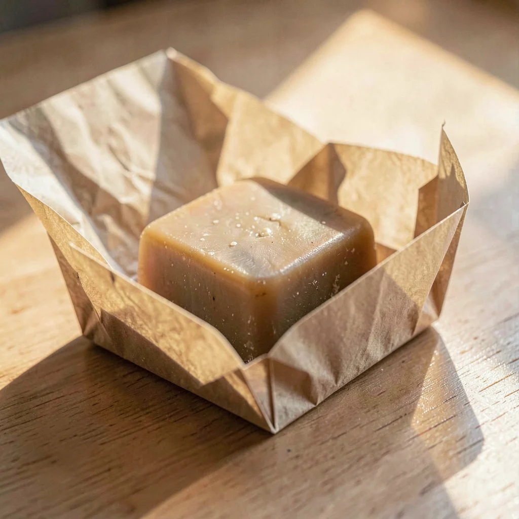 Single soap bar sitting on an open paper wrapper unfolded flat, soft sidelight