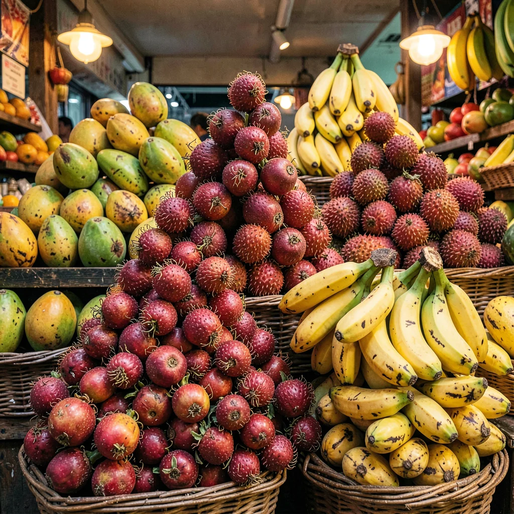Densely layered composition, rich saturated colors, Fruit vendor display with ma