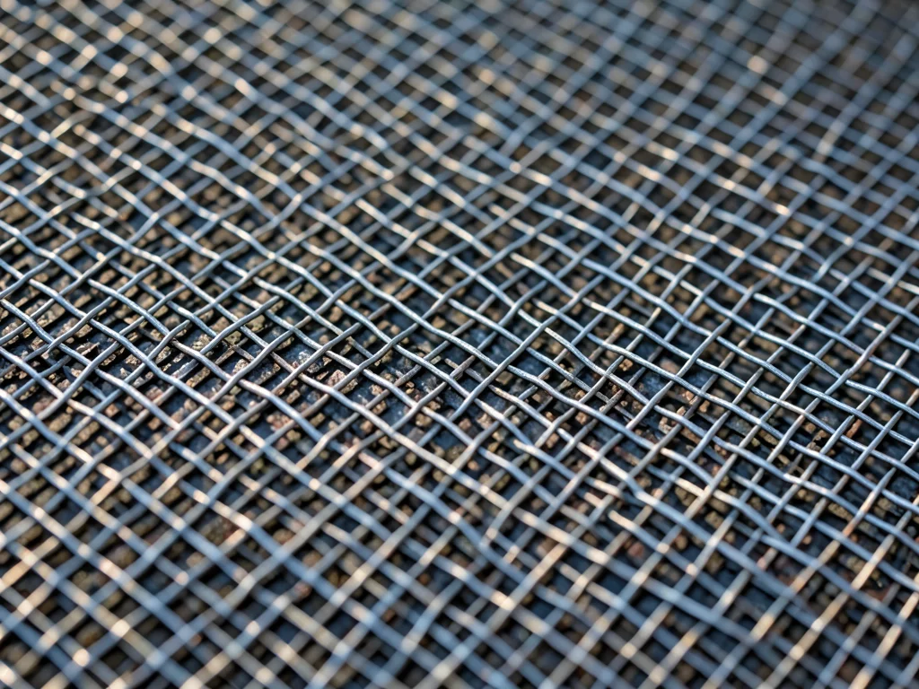 Double-woven wire mesh, two mesh layers superimposed at offset angle creating mo