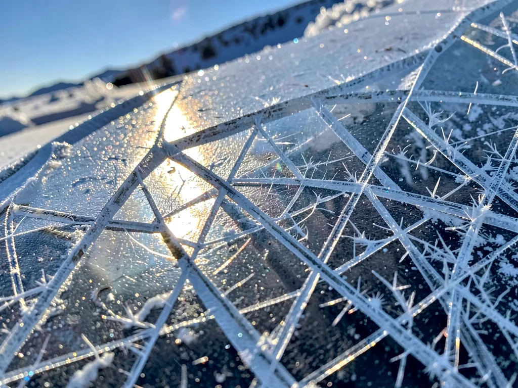 Crystal lattice visible in thin ice sheet backlit by sun