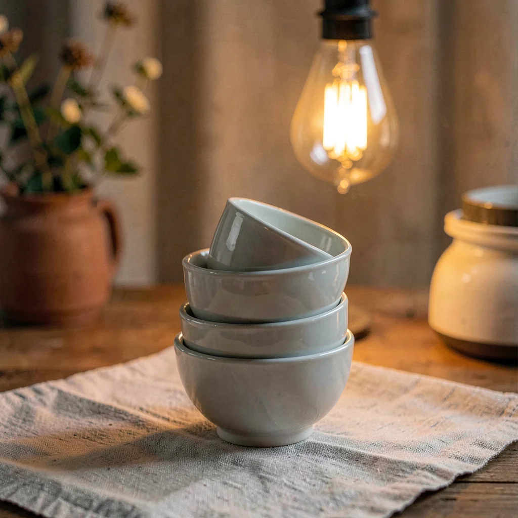 Warm still-life of a stack of small porcelain cupping bowls on linen, amber bulb