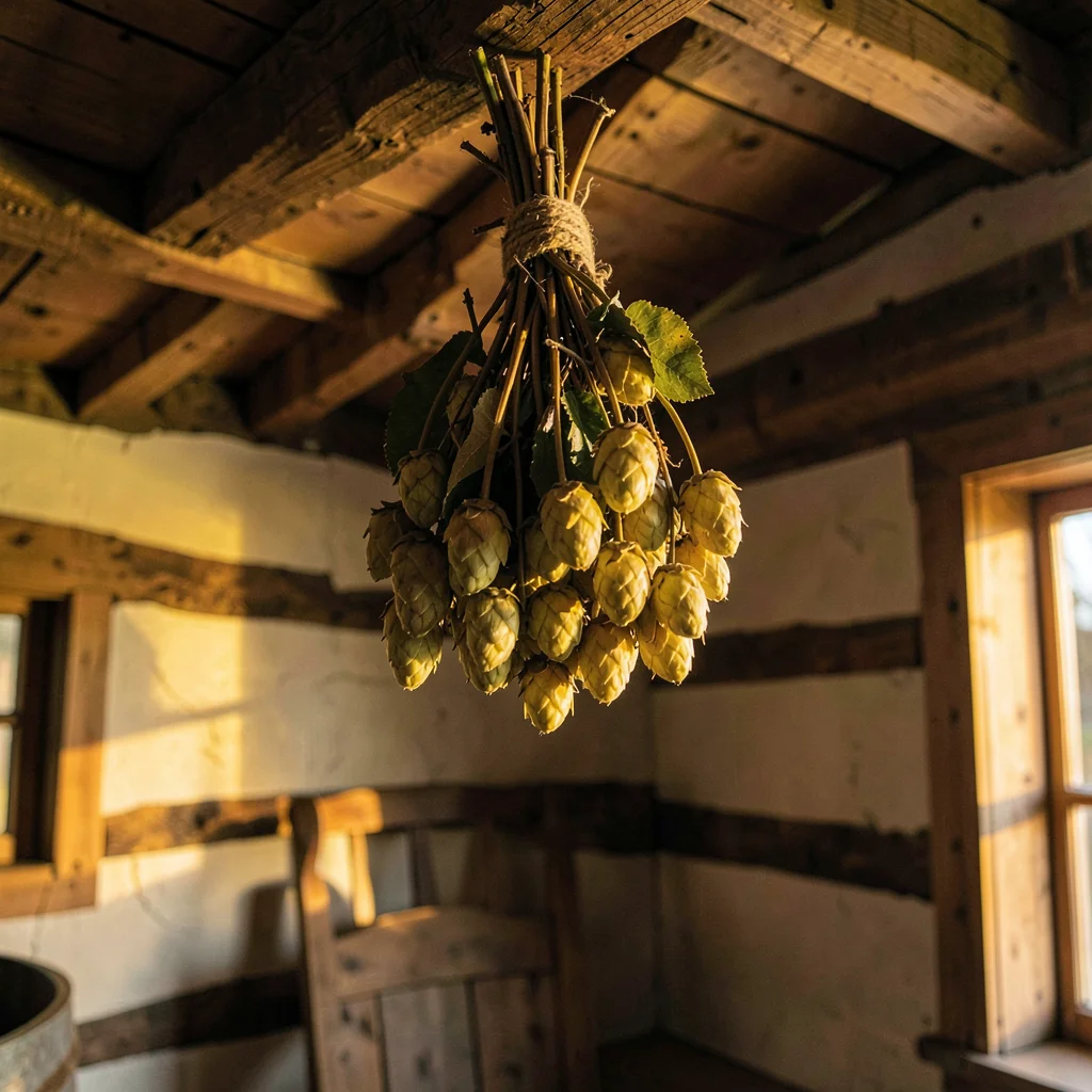 A bouquet of dried hops hanging from a beam in a low cabin ceiling at golden hou