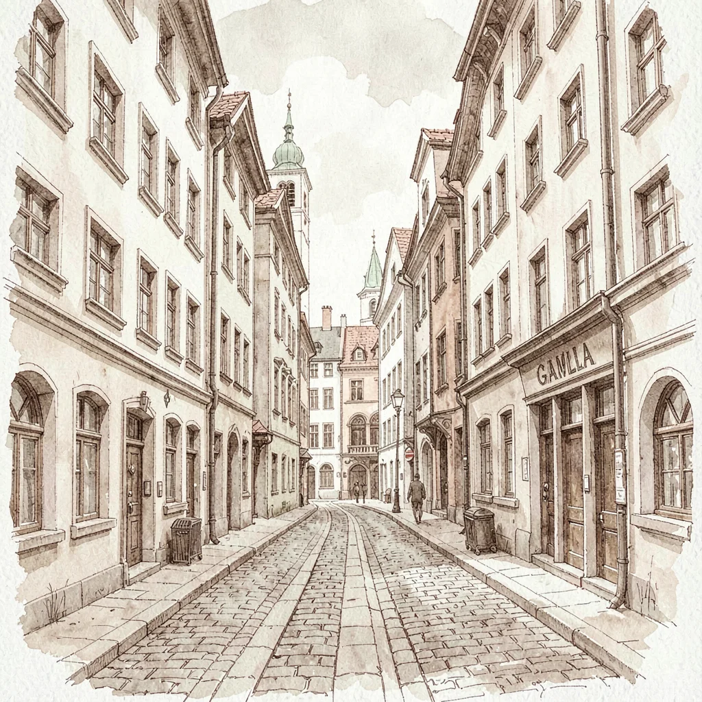 Walking route map through Gamla Stan's narrow lanes in fine sepia ink, scattered