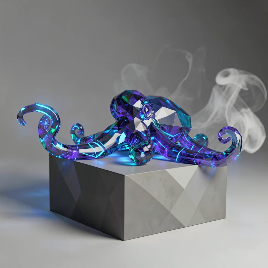 Sapphire octopus draped languidly over a smoke-gray plinth with internal blue li