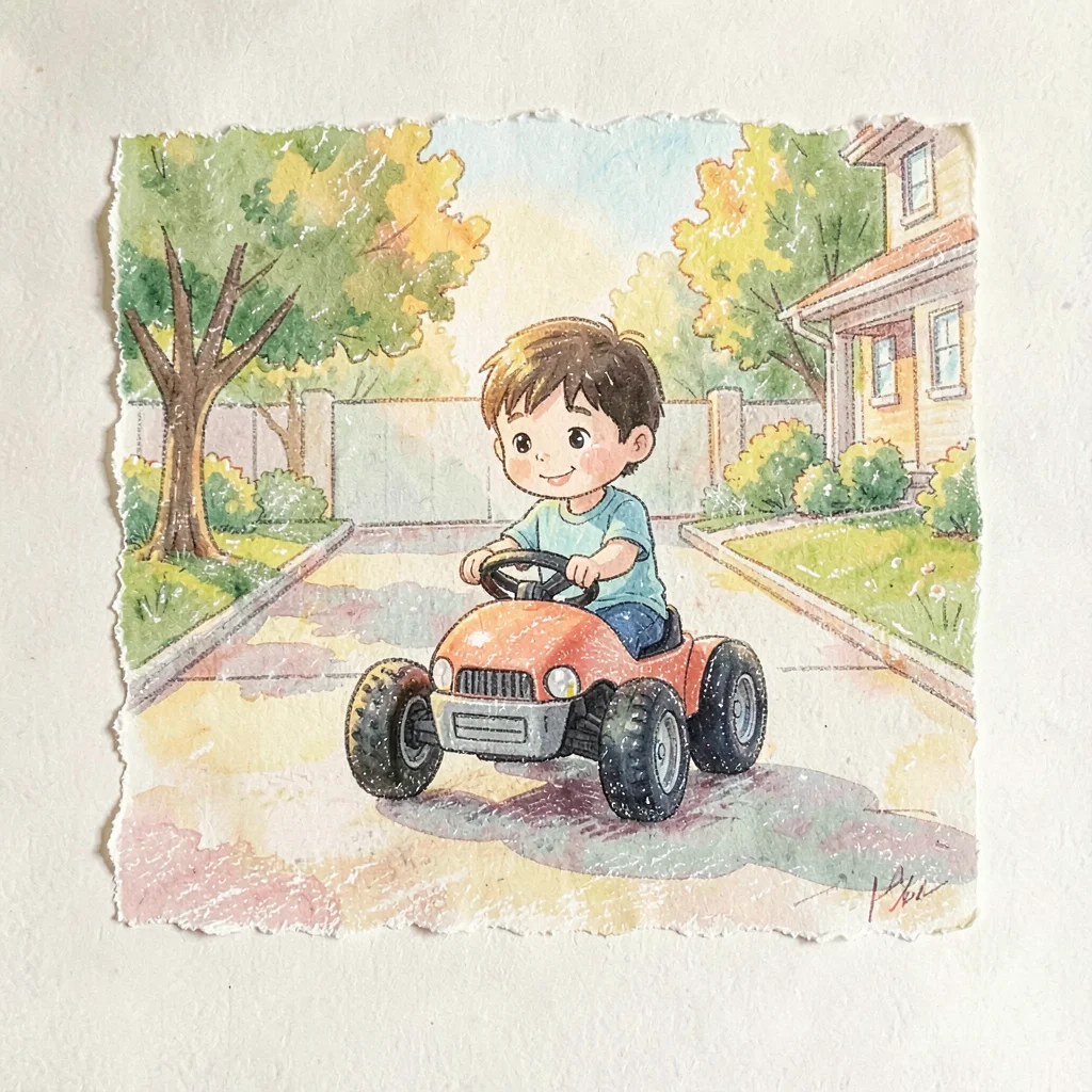 Child driving an RC car across a sunlit driveway, paper-soft warm afternoon