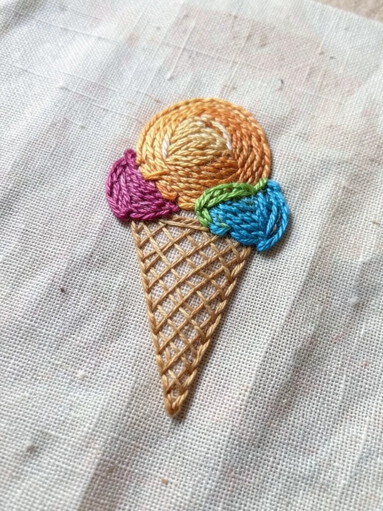 Hand-stitched ice cream cone on cotton, thread texture, colorful scoops