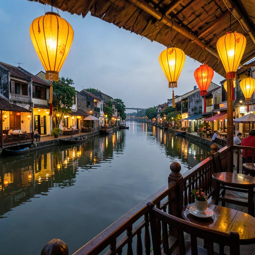 Hoi An lantern glow, silk amber on water, cafe balcony overlooking river, lanter