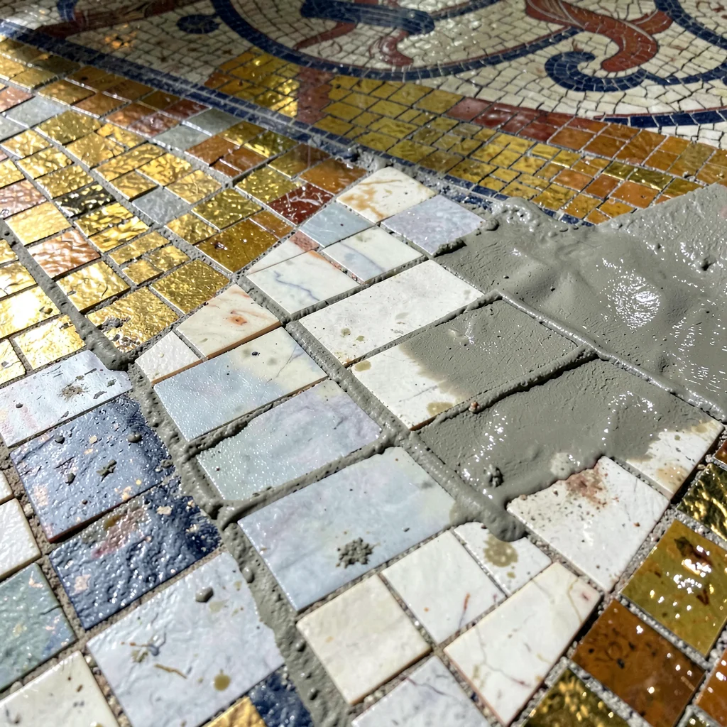 A freshly grouted mosaic panel being cleaned, wet grout haze still on the tile s