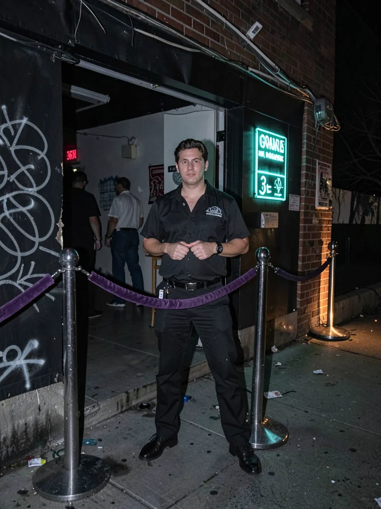 Bouncer alone outside empty club at 3am, purple velvet rope and cyan signage