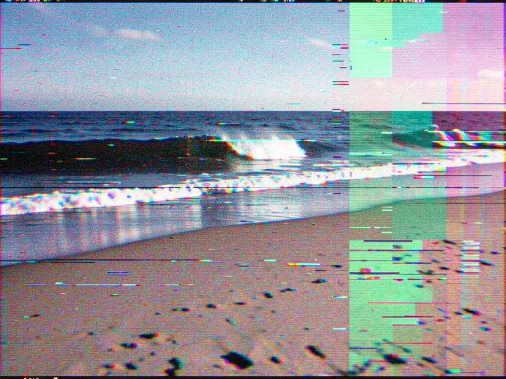 Corrupted beach photograph with shifted RGB channels, wave becoming abstract
