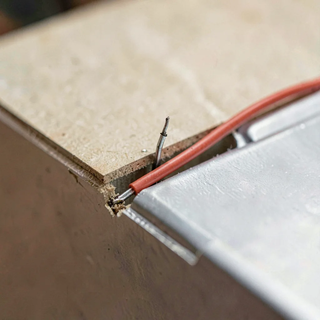 Close-up of a clean cut on Romex sheathing exposing the inner conductors and gro