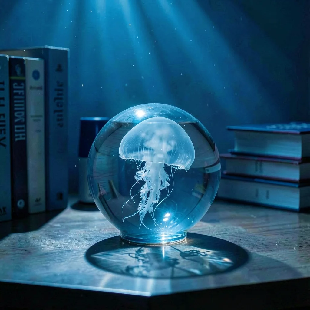 Deep oceanic blue saturation, light filtering through density, A glass jellyfish
