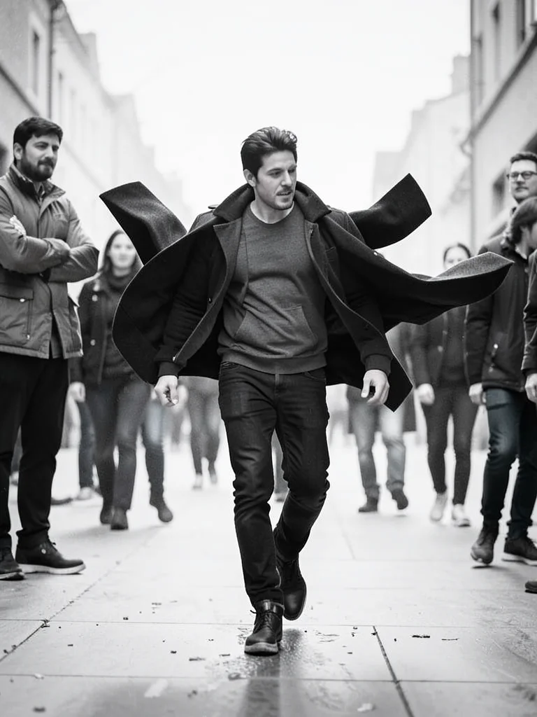 Determination — person walking into personal headwind, coat flying back, everyon