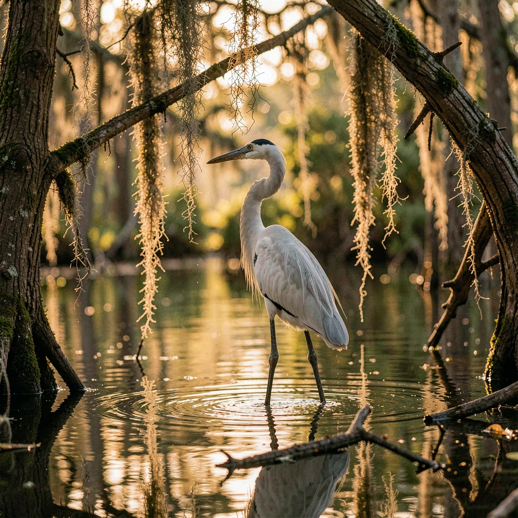 Atmospheric photograph with Louisiana bayou sensibility, A great egret standing 