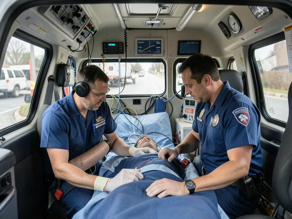 EMT treating a patient in ambulance interior — view from the cab into the workin