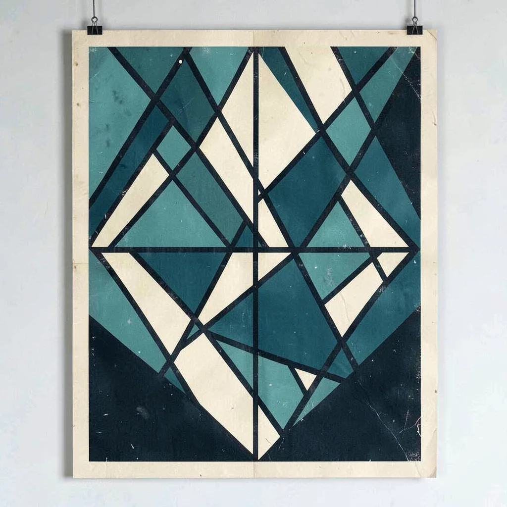 Two-color screenprint poster of a stained-glass abstraction in geometric shapes,