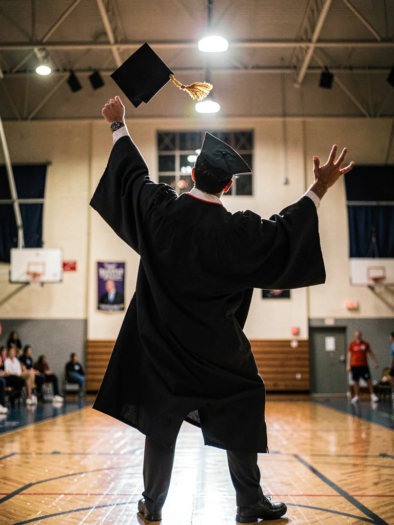 Graduate throwing cap against gymnasium lights, entire figure backlit, gown crea