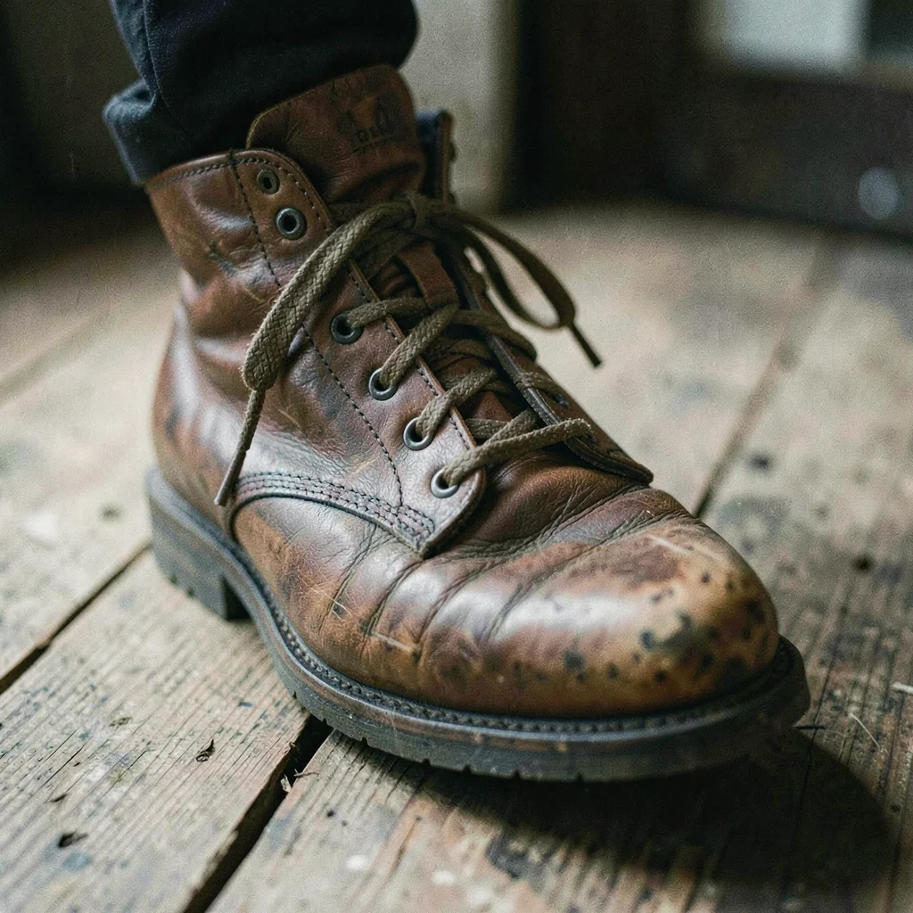 Close-up of worn leather boot on a wooden floor plank, laces knotted multiple ti