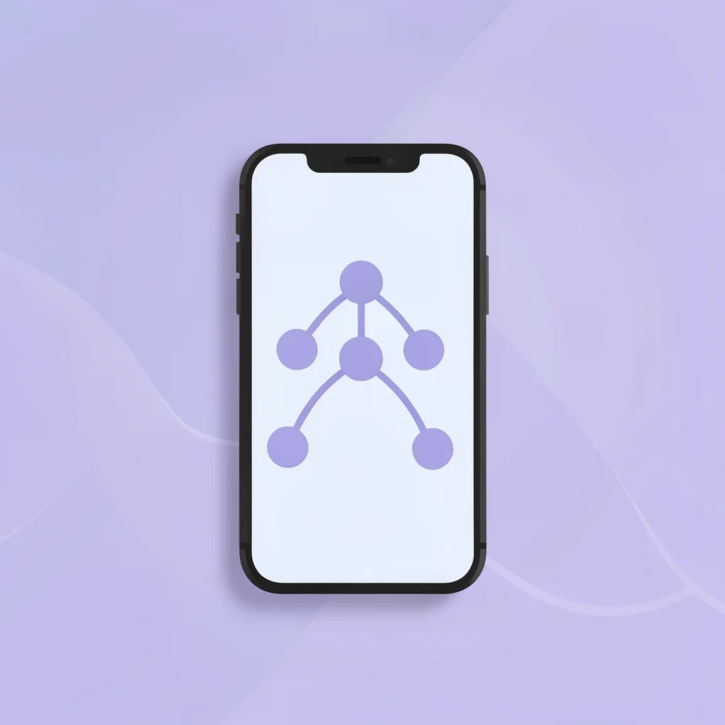 Flat UI feature card of a phone showing a lesson tree, branching nodes connected