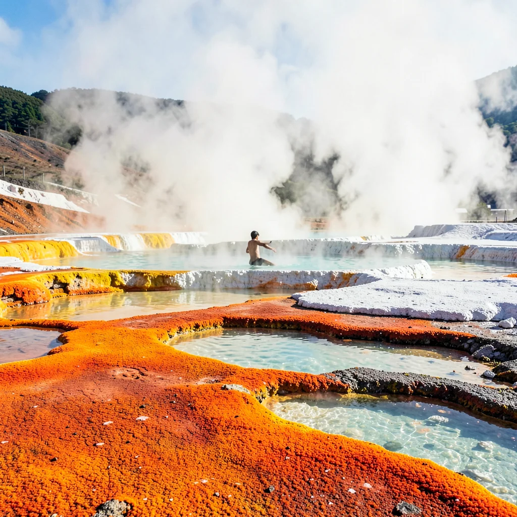 Rotorua geothermal landscape, active earth palette, Hot springs pool edge, brigh