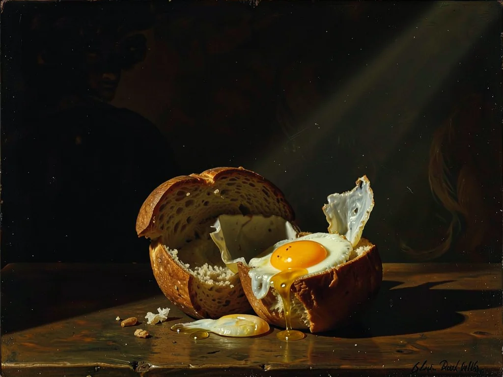 Breakfast sandwich unwrapped on dark surface, egg yolk glistening like golden pi