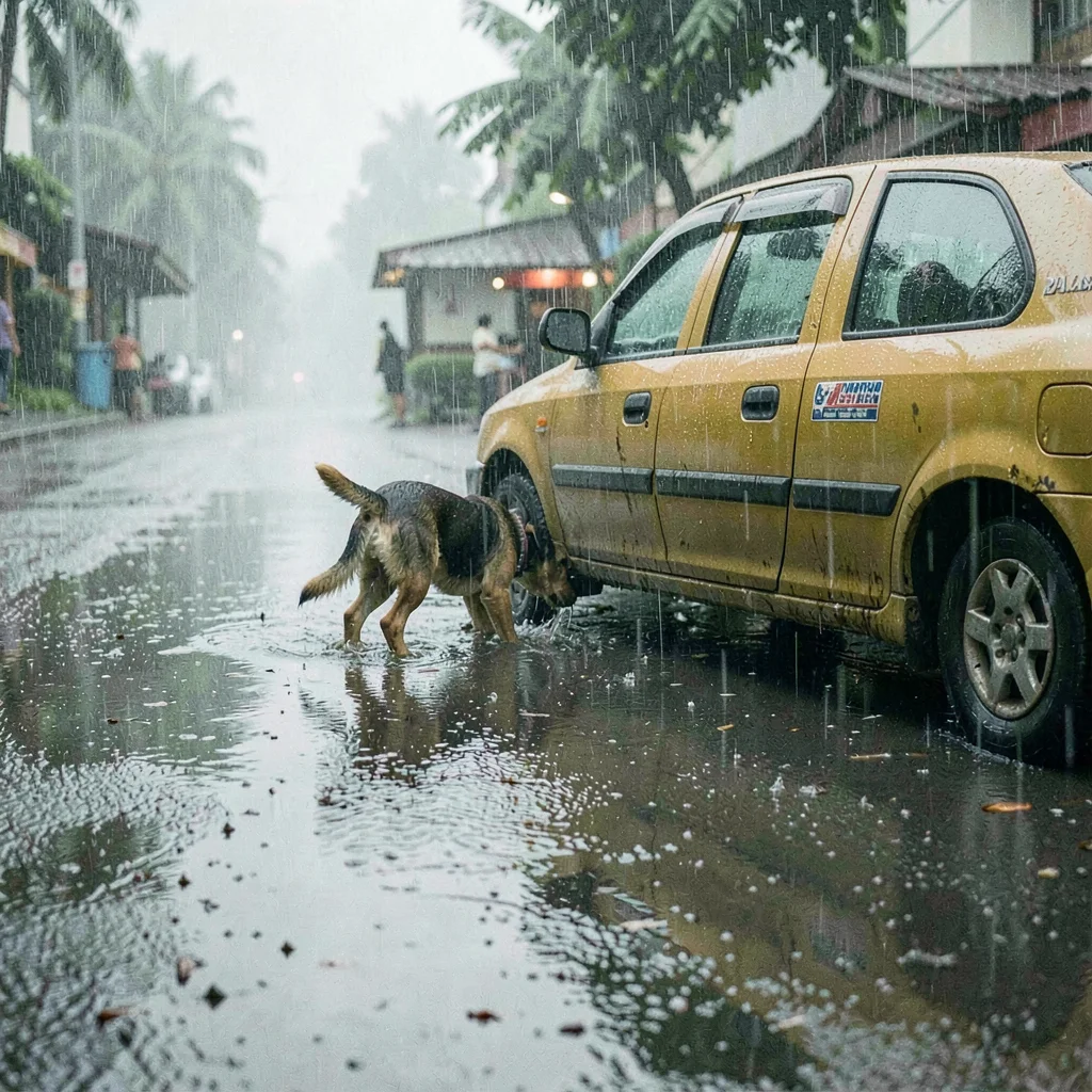 Monsoon season photograph, heavy rain atmosphere, A stray dog sheltering under a