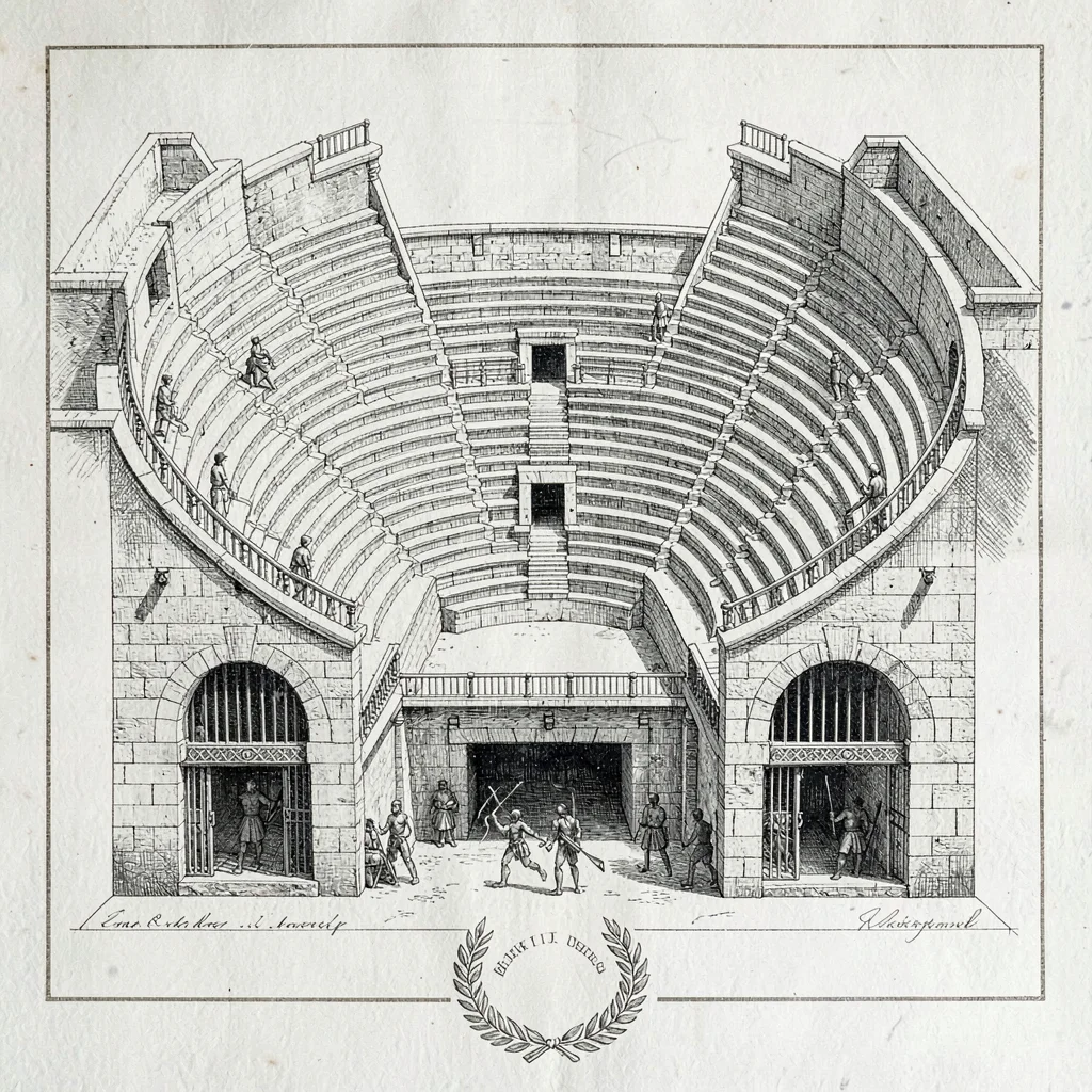 A Roman gladiator arena cross-section with terraced seating, hypogeum chambers b