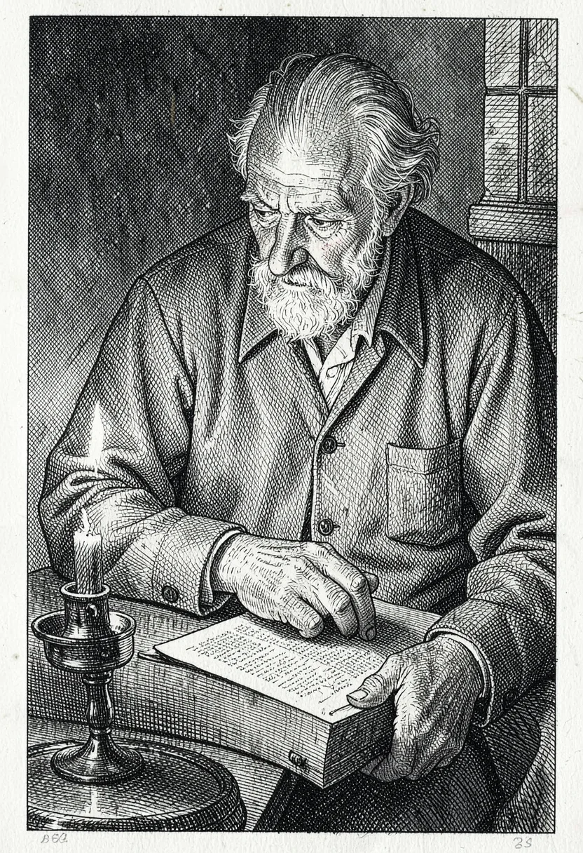 Reading by candlelight cross-hatched