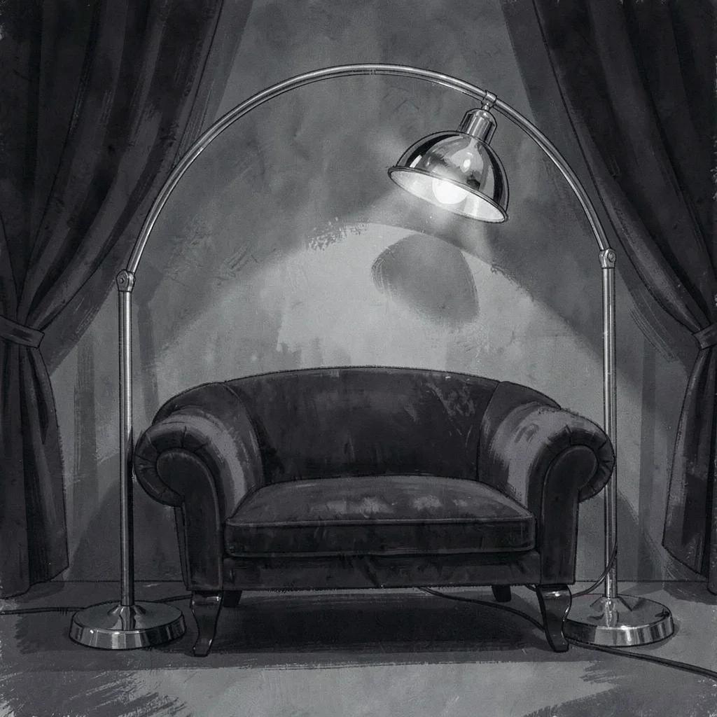 Moody charcoal of a chrome floor lamp arching over a velvet chaise, deep velvety