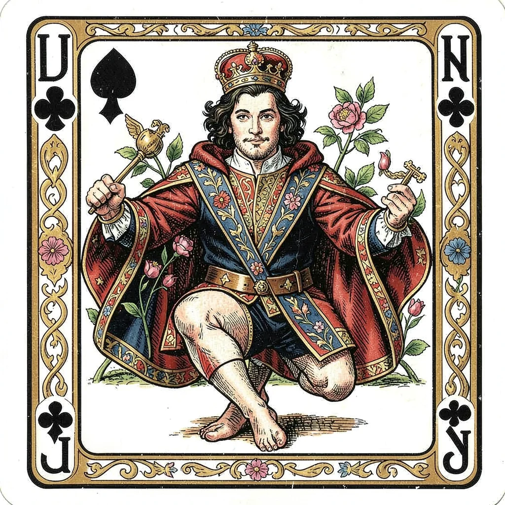 Playing card face illustration, Jack of Clubs, dashing figure with flower , cour