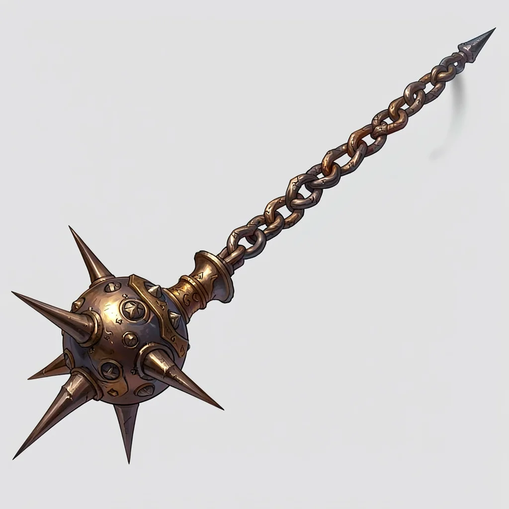 Fantasy weapon illustration, a chain weapon with spiked ball and impossibly long
