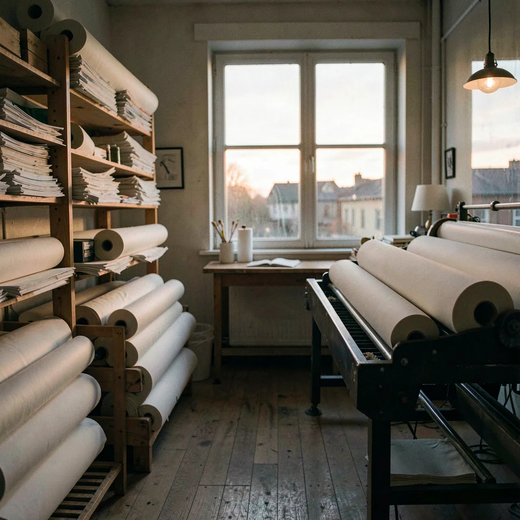 Atmospheric scene of a printing room at dusk with rolling shelves of paper