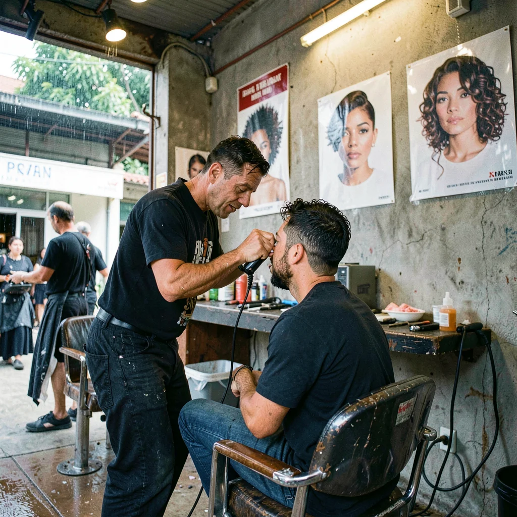 High-energy street photograph, Barber cutting hair in open-air shop, clippers in