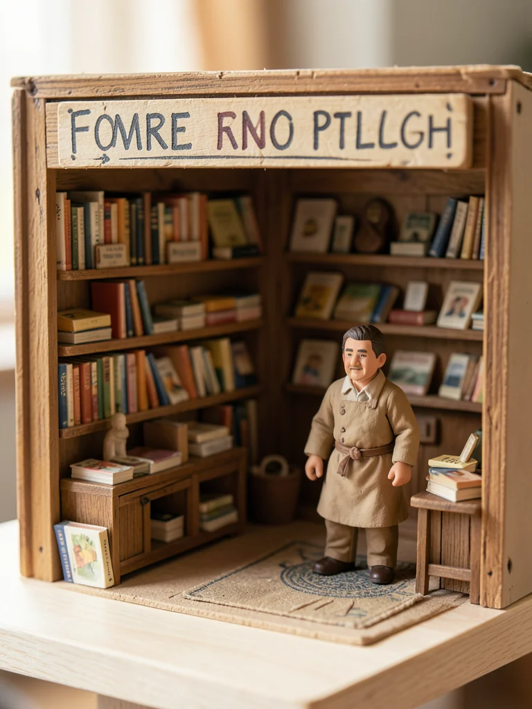 A miniature bookshop: shelves of tiny paper books, a reading nook, a clay shopke