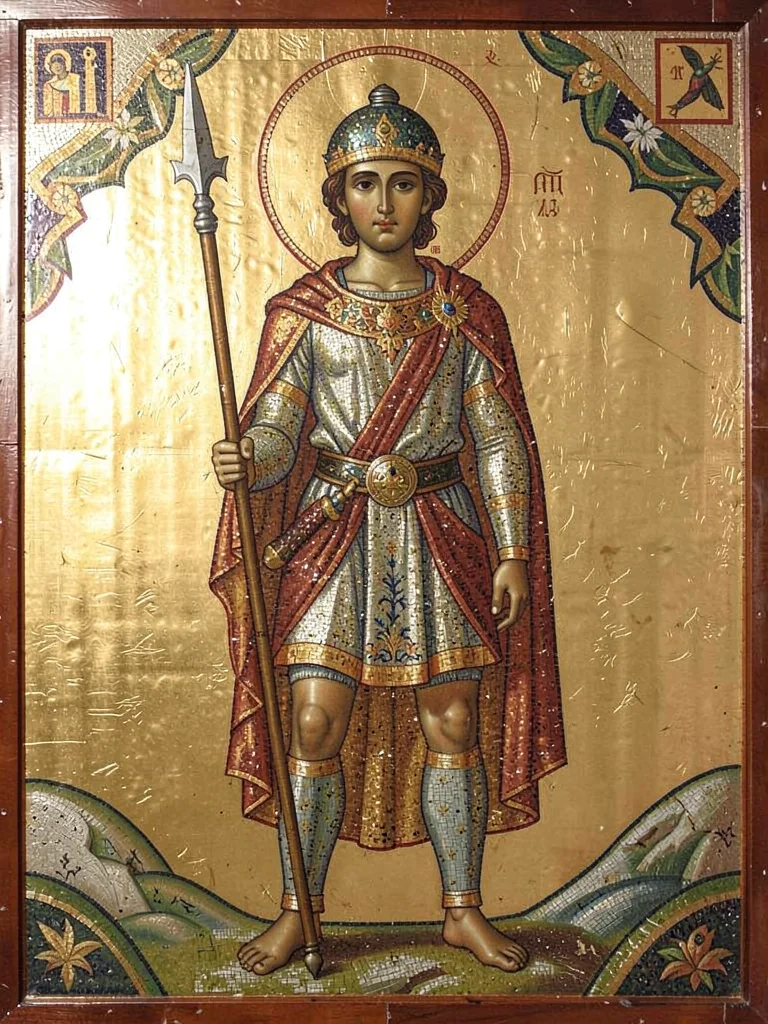 Warrior standing with spear upright, lavish mosaic tesserae clothing