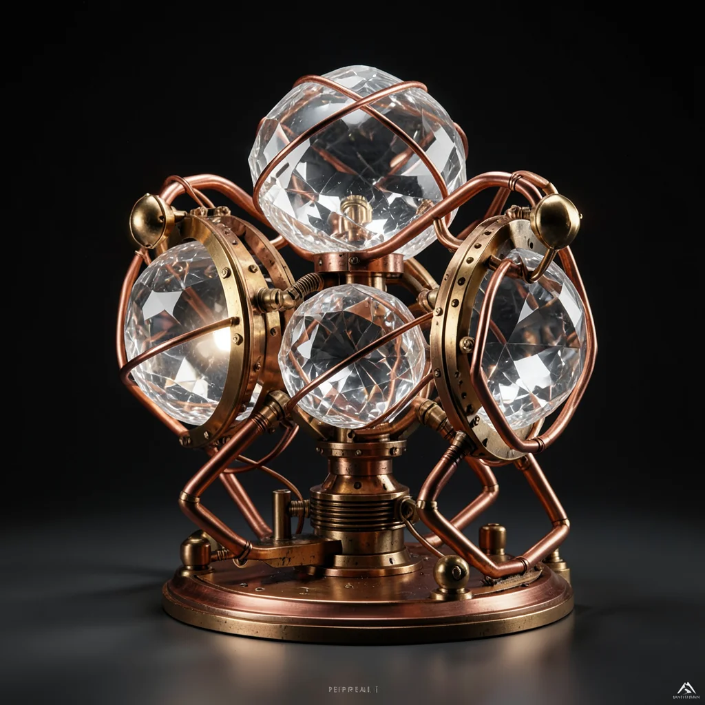 Perpetual motion machine with interlocking crystal spheres and copper armatures,