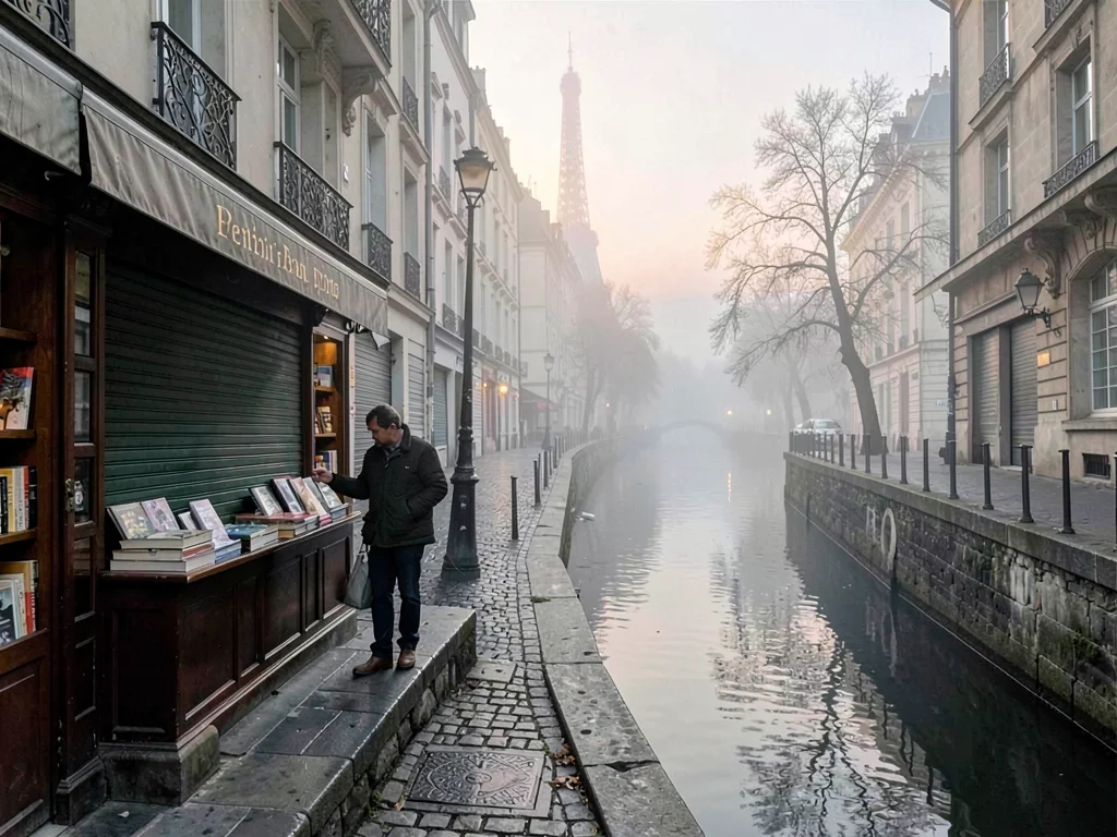 Book stall shutters closed in morning mist