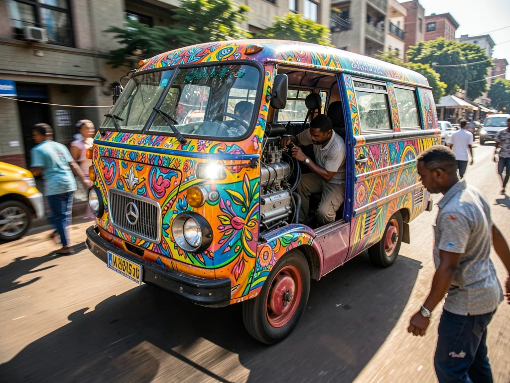 Kinetic Nairobi street energy, panned motion blur with sharp details, Mechanic w