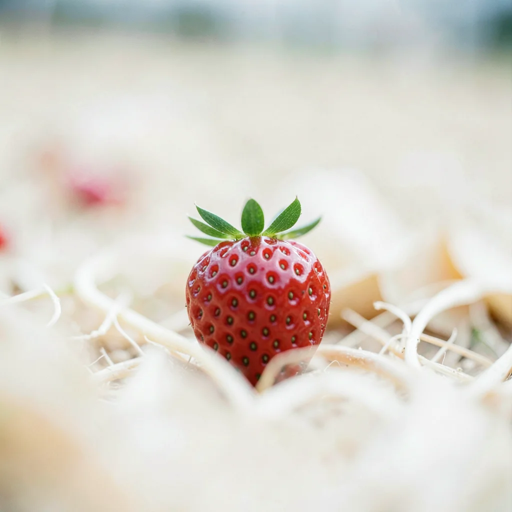 Single strawberry in focus against creamy field
