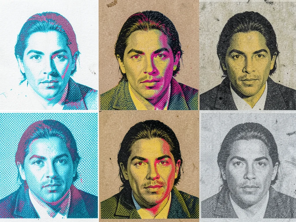 CMYK portrait printed on different papers: same image on white, kraft, grey, and